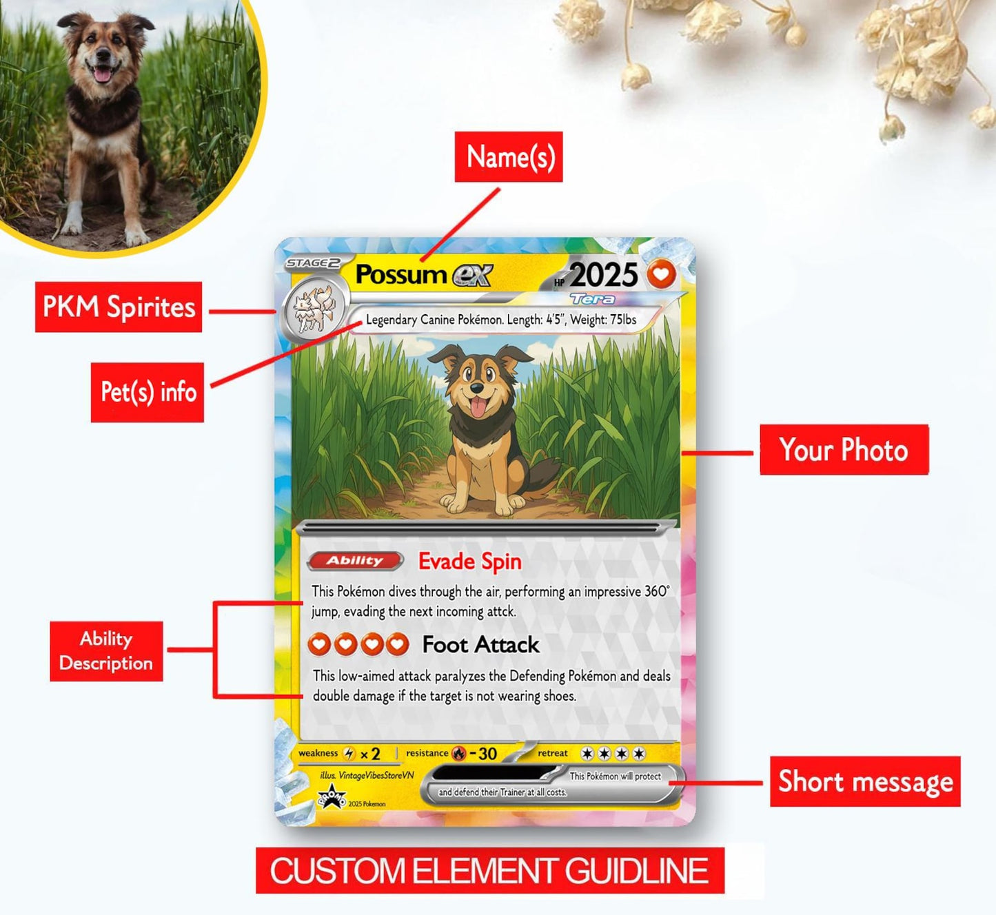 Custom Pet Pokemon Card | Personalized Dog Cat Portrait, Anime Style Card, Pet memorial, Pet Gift, Dog Gift, Cat Gift, Pet Lover Gift